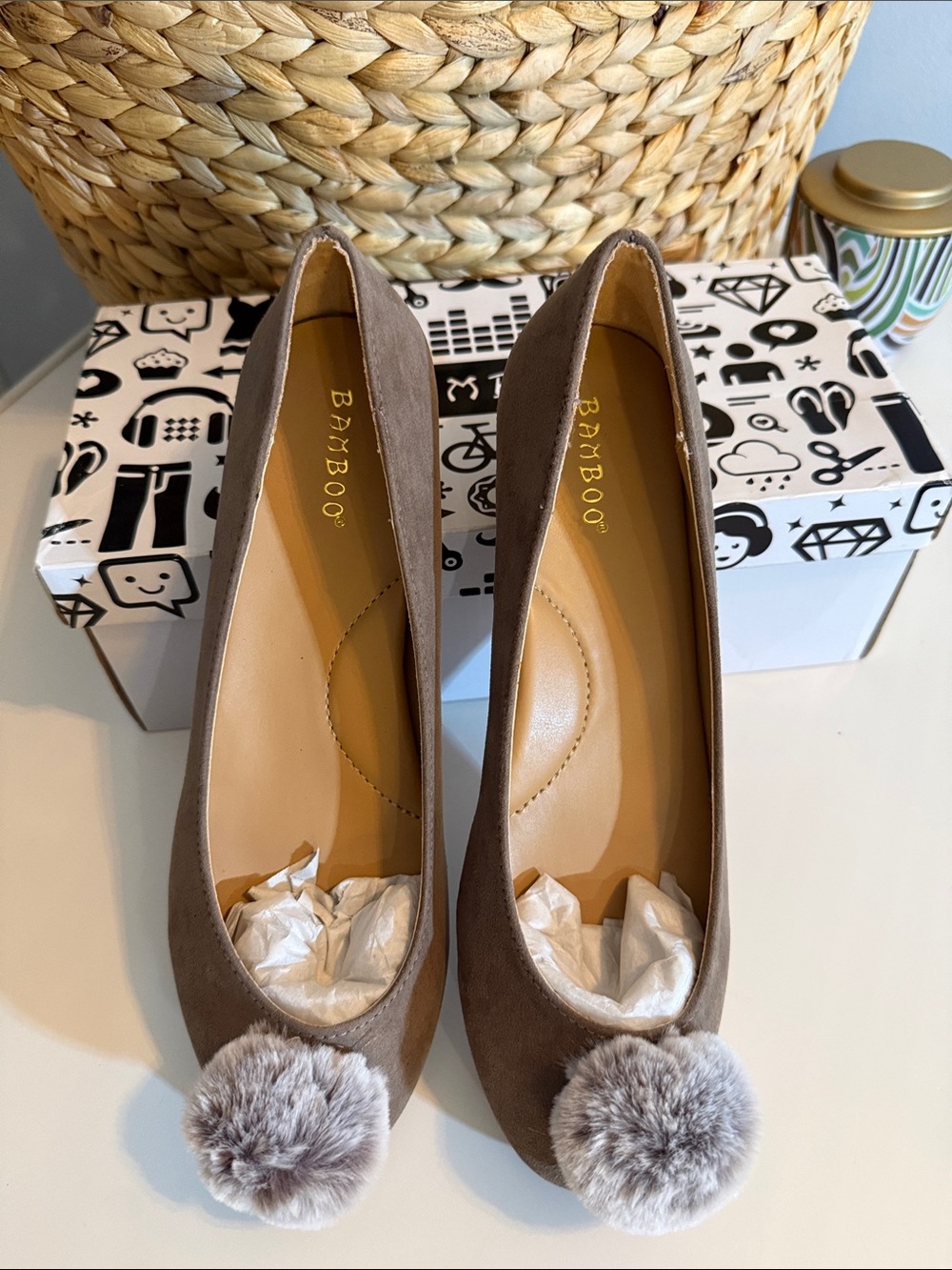 BAMBOO Taupe Faux-Suede Pom Pom Flats